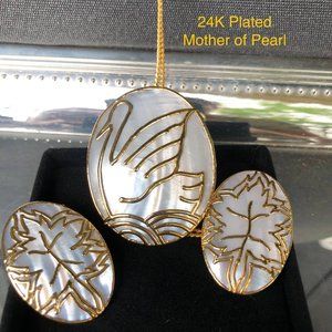 NWT 24K plated & MOP Swan Necklace & Earrings